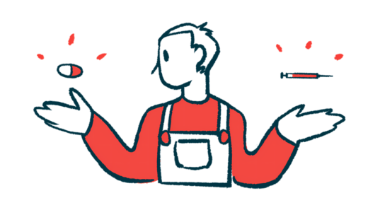 A man in overalls holds up his hands, each containing a type of medicine to illustrate a comparison.