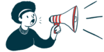 A person speaks through a megaphone.