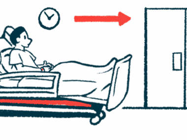 A person on a hospital gurney is seen in a corridor facing a pair of double doors.