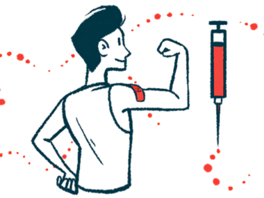 A person holds his arm up to show his success in administering a subcutaneous injection.