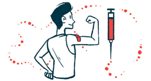 An oversized, filled syringe floats alongside a person flexing an arm that sports a bandage on the bicep.