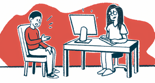 A doctor sits at a desk talking to a patient.