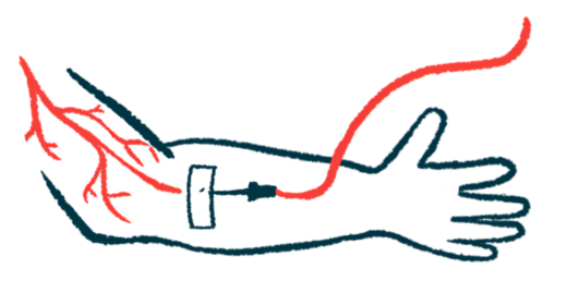 An intravenous infusion line is inserted in an arm.