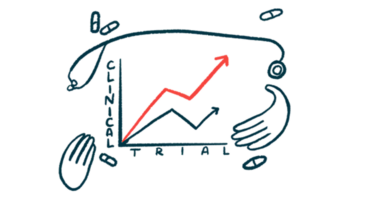 Hands and a stethoscope frame a graph marked Clinical Trial.