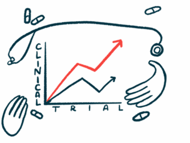 Two hands, a stethoscope, and a handful of oral medications frame a graph marked Clinical Trial that shows positively trending results.