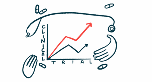 Two hands, a stethoscope, and a handful of oral medications frame a graph marked Clinical Trial that shows positively trending results.