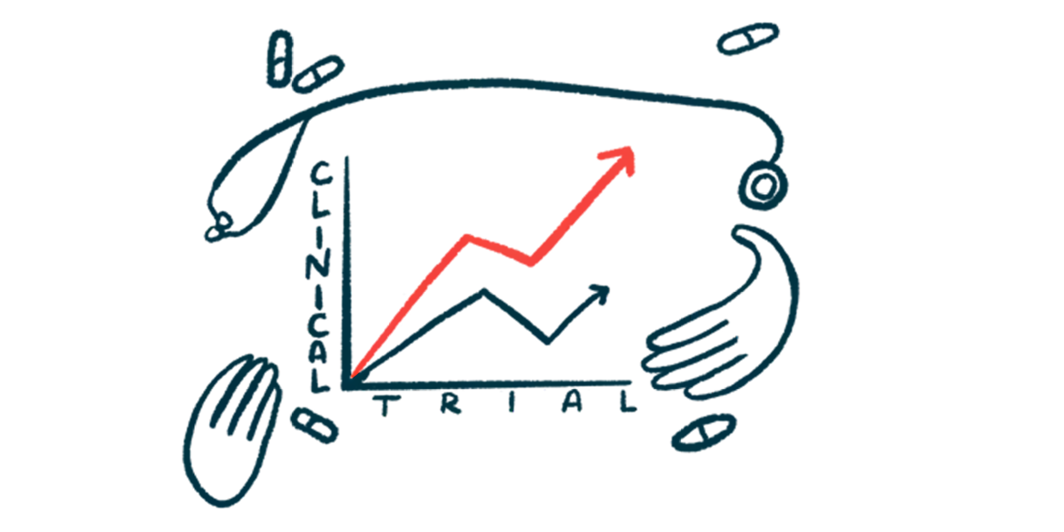 Hands and a stethoscope frame a graph marked Clinical Trial.