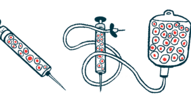 Illustration of syringes and an infusion bag filled with red cells to convey stem cell therapy.