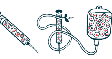 Illustration of syringes and an infusion bag filled with red cells to convey stem cell therapy.