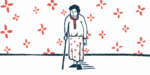 An elderly patient is seen walking with a cane.