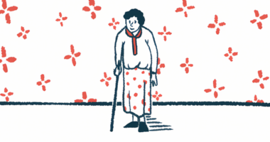 An elderly patient is seen walking with a cane.