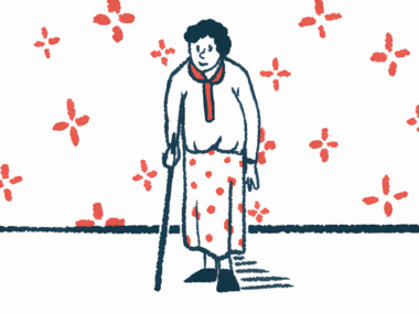 An elderly person is seen walking with a cane.