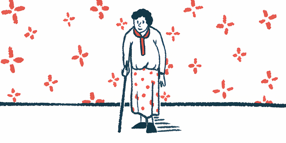 An elderly patient is seen walking with a cane.