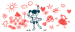 A girl with pigtails wearing a tutu draws on a wall.