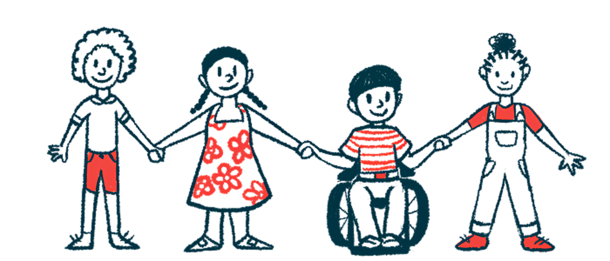 Illustration of four children holding hands.