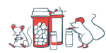 A trio of mice climb in and around prescription medicine bottles and vials in a laboratory.