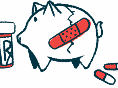 A cracked piggy bank, held together by a bandage, is seen alongside a prescription medicine bottle and a couple of capsules.