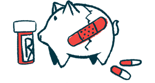 A cracked piggy bank, held together by a bandage, is seen alongside a prescription medicine bottle and a couple of capsules.