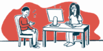 A patient speaks with a clinician who enters data into a computer.