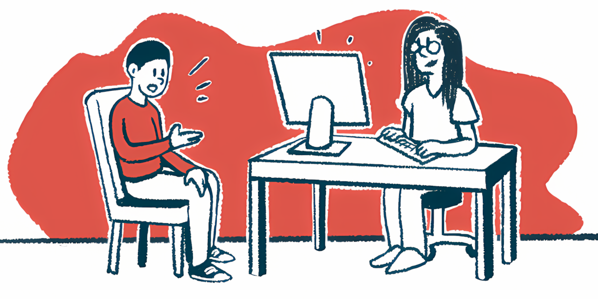 A patient speaks with a clinician who enters data into a computer.