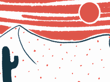 Hot weather is depicted in this illustration showing a blazing sun, red sky, and cacti.