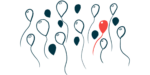 In this rare disease illustration, a single red balloon is seen among more than a dozen black and white balloons.