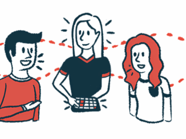 Three people are seen talking to each other, with one holding a tablet.