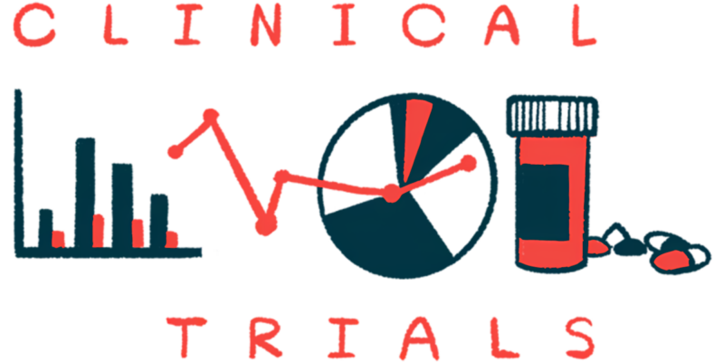 A bar graph, a pie chart, and an oral prescription medicine bottle are sandwiched between the words "clinical" and "trials," written in all capital letters.