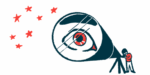 An illustration shows a telescope with a giant eye in its lens.