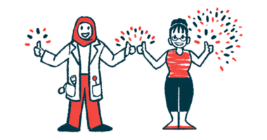 Fireworks surround the thumbs-up sign given by a physician and a patient standing next to each other.