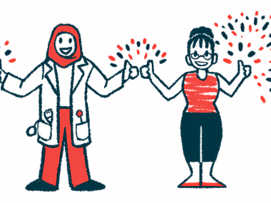 Fireworks surround the thumbs-up sign given by a physician and a patient standing side by side.