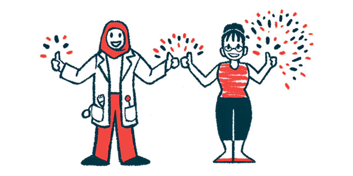 Fireworks surround the thumbs-up sign given by a physician and a patient standing next to each other.