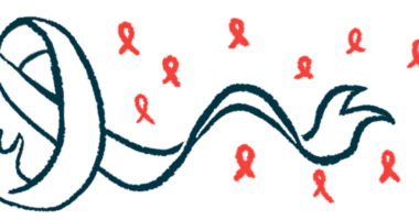 A large, white awareness ribbon is shown against a background of smaller, red ribbons.