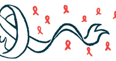 A large, white awareness ribbon is shown against a background of smaller, red ribbons.