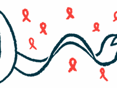 A large, white awareness ribbon is shown against a background of smaller, red ribbons.