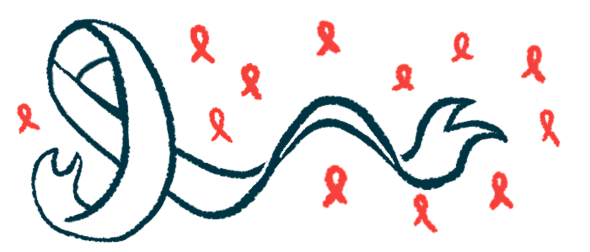 A large, white awareness ribbon is shown against a background of smaller, red ribbons.