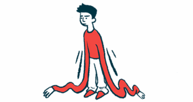 A person is shown standing with long, rubbery arms that stretch past his feet and across the floor.