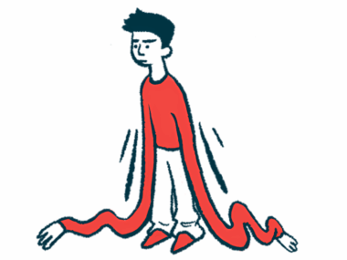 A person is shown standing with long, rubbery arms that stretch past his feet and across the floor.