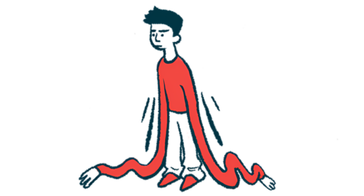 A person is shown standing with long, rubbery arms that stretch past his feet and across the floor.