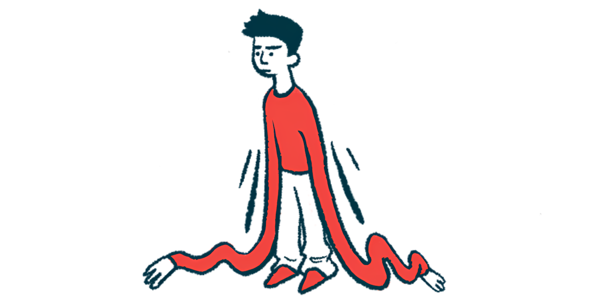 A person is shown standing with long, rubbery arms that stretch past his feet and across the floor.