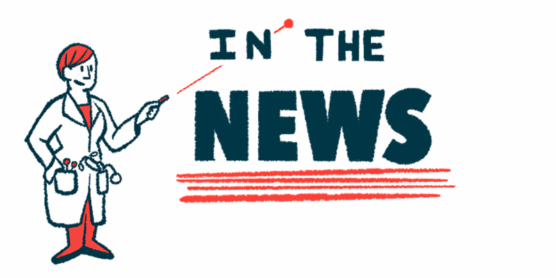 A doctor in a lab coat uses a laser pointer to highlight the words "In The News."