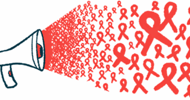 A megaphone is shown blasting red awareness ribbons.