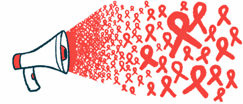 A megaphone is shown blasting red awareness ribbons.