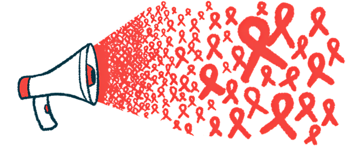 A megaphone is shown blasting red awareness ribbons.