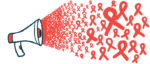 Dozens of red awareness ribbons of various sizes burst out of a megaphone.