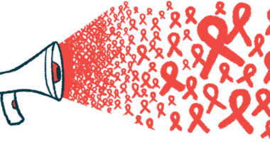 Dozens of red awareness ribbons of various sizes burst out of a megaphone.