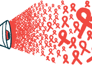 Dozens of red awareness ribbons of various sizes burst out of a megaphone.