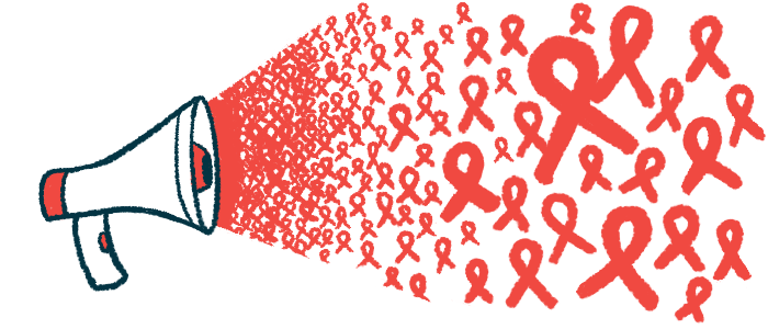 Dozens of red awareness ribbons of various sizes burst out of a megaphone.