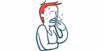 A person experiencing anxiety is shown sweating and biting the fingernails on one hand.