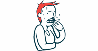 A person experiencing anxiety is shown sweating and biting the fingernails on one hand.